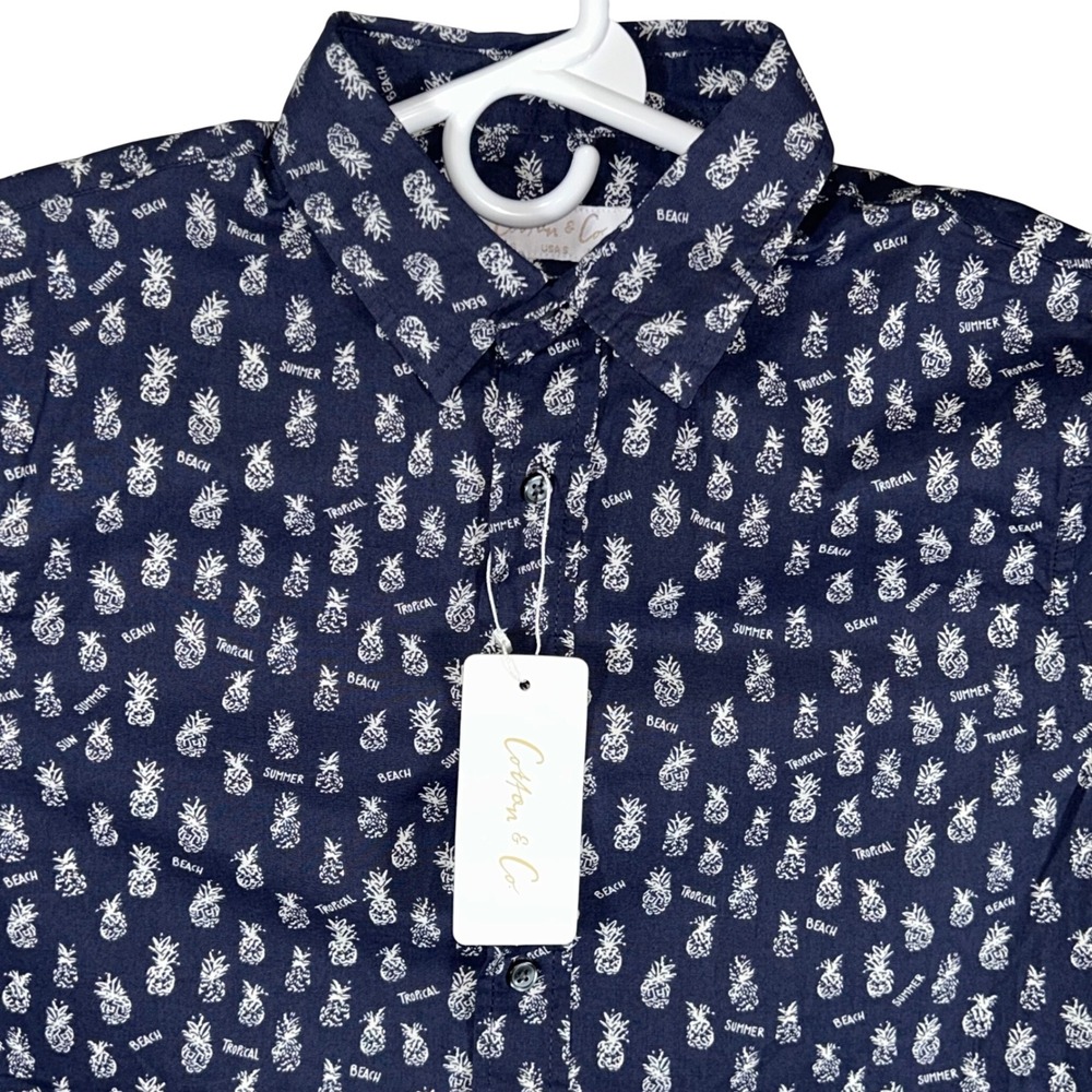 Cotton & Co Mens Small Navy Pineapple Print Short Sleeve Button Down Shirt New